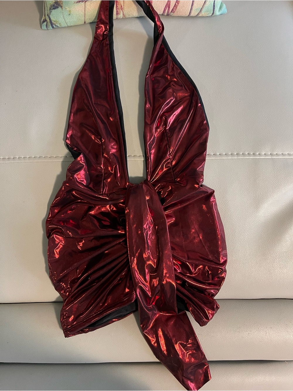 Shimmery Burgundy Halter Mini Dress with Front Tie